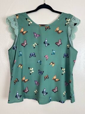 SHEIN Teal Butterfly Print Tank with Lace Cap Sleeves
